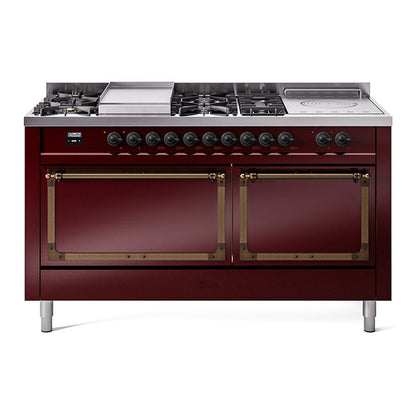 ILVE Nostalgie II 60-Inch Dual Fuel Range with 7 Sealed Burners + Griddle + French Top, 5.8 cu. ft. Oven, Burgundy with Burnished Trim, Liquid Propane, Solid Door, UN60FSQNMPBUBLP