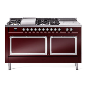 ILVE Nostalgie II 60-Inch Dual Fuel Range with 7 Sealed Burners + Griddle + French Top, 5.8 cu. ft. Oven, Burgundy with Chrome Trim, Liquid Propane, Solid Door, UN60FSQNMPBUCLP
