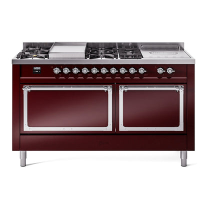 ILVE Nostalgie II 60-Inch Dual Fuel Range with 7 Sealed Burners + Griddle + French Top, 5.8 cu. ft. Oven, Burgundy with Chrome Trim, Liquid Propane, Solid Door, UN60FSQNMPBUCLP