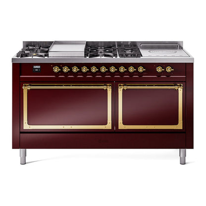 ILVE Nostalgie II 60-Inch Dual Fuel Range with 7 Sealed Burners + Griddle + French Top, 5.8 cu. ft. Oven, Burgundy with Brass Trim, Liquid Propane, Solid Door, UN60FSQNMPBUGLP