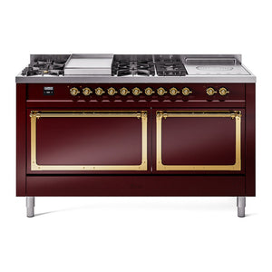 ILVE Nostalgie II 60-Inch Dual Fuel Range with 7 Sealed Burners + Griddle + French Top, 5.8 cu. ft. Oven, Burgundy with Brass Trim, Natural Gas, Solid Door, UN60FSQNMPBUG