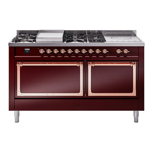 ILVE Nostalgie II 60-Inch Dual Fuel Range with 7 Sealed Burners + Griddle + French Top, 5.8 cu. ft. Oven, Burgundy with Copper Trim, Natural Gas, Solid Door, UN60FSQNMPBUP