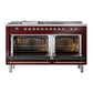 ILVE Nostalgie II 60-Inch Dual Fuel Range with 7 Sealed Burners + Griddle + French Top, 5.8 cu. ft. Oven, Burgundy with Copper Trim, Natural Gas, Solid Door, UN60FSQNMPBUP