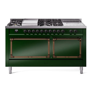 ILVE Nostalgie II 60-Inch Dual Fuel Range with 7 Sealed Burners + Griddle + French Top, 5.8 cu. ft. Oven, Emerald Green with Burnished Trim, Liquid Propane, Solid Door, UN60FSQNMPEGBLP