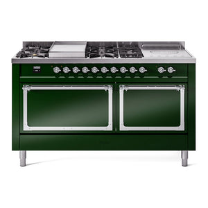 ILVE Nostalgie II 60-Inch Dual Fuel Range with 7 Sealed Burners + Griddle + French Top, 5.8 cu. ft. Oven, Emerald Green with Chrome Trim, Liquid Propane, Solid Door, UN60FSQNMPEGCLP