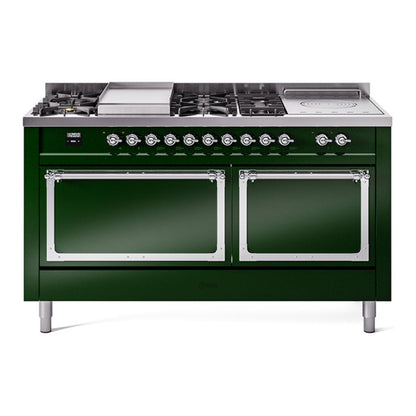 ILVE Nostalgie II 60-Inch Dual Fuel Range with 7 Sealed Burners + Griddle + French Top, 5.8 cu. ft. Oven, Emerald Green with Chrome Trim, Natural Gas, Solid Door, UN60FSQNMPEGC