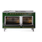 ILVE Nostalgie II 60-Inch Dual Fuel Range with 7 Sealed Burners + Griddle + French Top, 5.8 cu. ft. Oven, Emerald Green with Brass Trim, Liquid Propane, Solid Door, UN60FSQNMPEGGLP