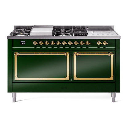 ILVE Nostalgie II 60-Inch Dual Fuel Range with 7 Sealed Burners + Griddle + French Top, 5.8 cu. ft. Oven, Emerald Green with Brass Trim, Natural Gas, Solid Door, UN60FSQNMPEGG