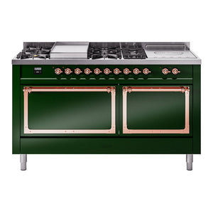 ILVE Nostalgie II 60-Inch Dual Fuel Range with 7 Sealed Burners + Griddle + French Top, 5.8 cu. ft. Oven, Emerald Green with Copper Trim, Natural Gas, Solid Door, UN60FSQNMPEGP