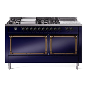 ILVE Nostalgie II 60-Inch Dual Fuel Range with 7 Sealed Burners + Griddle + French Top, 5.8 cu. ft. Oven, Midnight Blue with Burnished Trim, Liquid Propane, Solid Door, UN60FSQNMPMBBLP