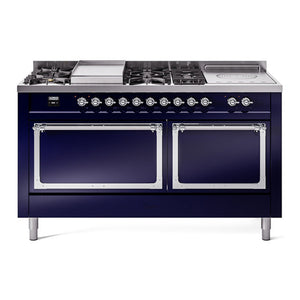 ILVE Nostalgie II 60-Inch Dual Fuel Range with 7 Sealed Burners + Griddle + French Top, 5.8 cu. ft. Oven, Midnight Blue with Chrome Trim, Liquid Propane, Solid Door, UN60FSQNMPMBCLP