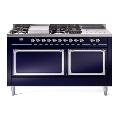 ILVE Nostalgie II 60-Inch Dual Fuel Range with 7 Sealed Burners + Griddle + French Top, 5.8 cu. ft. Oven, Midnight Blue with Chrome Trim, Liquid Propane, Solid Door, UN60FSQNMPMBCLP