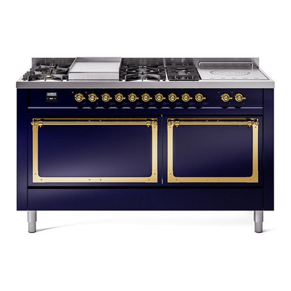 ILVE Nostalgie II 60-Inch Dual Fuel Range with 7 Sealed Burners + Griddle + French Top, 5.8 cu. ft. Oven, Midnight Blue with Brass Trim, Natural Gas, Solid Door, UN60FSQNMPMBG