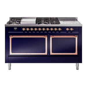 ILVE Nostalgie II 60-Inch Dual Fuel Range with 7 Sealed Burners + Griddle + French Top, 5.8 cu. ft. Oven, Midnight Blue with Copper Trim, Liquid Propane, Solid Door, UN60FSQNMPMBPLP