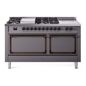 ILVE Nostalgie II 60-Inch Dual Fuel Range with 7 Sealed Burners + Griddle + French Top, 5.8 cu. ft. Oven, Graphite Matte with Burnished Trim, Liquid Propane, Solid Door, UN60FSQNMPMGBLP