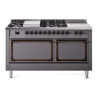 ILVE Nostalgie II 60-Inch Dual Fuel Range with 7 Sealed Burners + Griddle + French Top, 5.8 cu. ft. Oven, Graphite Matte with Burnished Trim, Natural Gas, Solid Door, UN60FSQNMPMGB