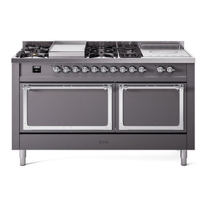 ILVE Nostalgie II 60-Inch Dual Fuel Range with 7 Sealed Burners + Griddle + French Top, 5.8 cu. ft. Oven, Graphite Matte with Chrome Trim, Natural Gas, Solid Door, UN60FSQNMPMGC