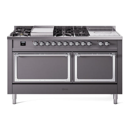 ILVE Nostalgie II 60-Inch Dual Fuel Range with 7 Sealed Burners + Griddle + French Top, 5.8 cu. ft. Oven, Graphite Matte with Chrome Trim, Natural Gas, Solid Door, UN60FSQNMPMGC