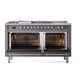 ILVE Nostalgie II 60-Inch Dual Fuel Range with 7 Sealed Burners + Griddle + French Top, 5.8 cu. ft. Oven, Graphite Matte with Chrome Trim, Natural Gas, Solid Door, UN60FSQNMPMGC
