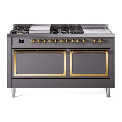 ILVE Nostalgie II 60-Inch Dual Fuel Range with 7 Sealed Burners + Griddle + French Top, 5.8 cu. ft. Oven, Graphite Matte with Brass Trim, Natural Gas, Solid Door, UN60FSQNMPMGG
