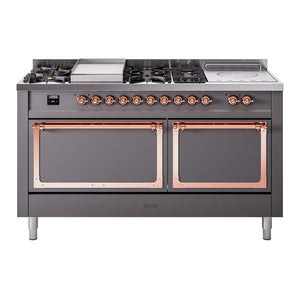 ILVE Nostalgie II 60-Inch Dual Fuel Range with 7 Sealed Burners + Griddle + French Top, 5.8 cu. ft. Oven, Graphite Matte with Copper Trim, Liquid Propane, Solid Door, UN60FSQNMPMGPLP