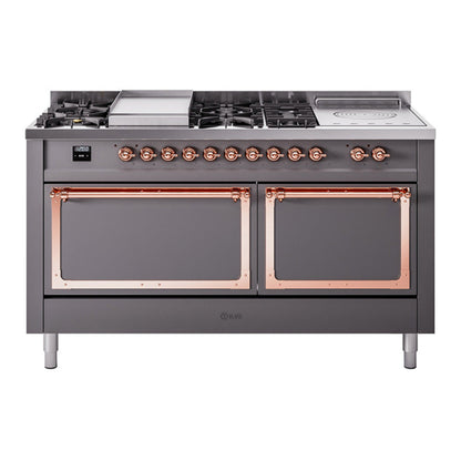 ILVE Nostalgie II 60-Inch Dual Fuel Range with 7 Sealed Burners + Griddle + French Top, 5.8 cu. ft. Oven, Graphite Matte with Copper Trim, Liquid Propane, Solid Door, UN60FSQNMPMGPLP