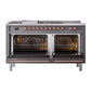 ILVE Nostalgie II 60-Inch Dual Fuel Range with 7 Sealed Burners + Griddle + French Top, 5.8 cu. ft. Oven, Graphite Matte with Copper Trim, Natural Gas, Solid Door, UN60FSQNMPMGP
