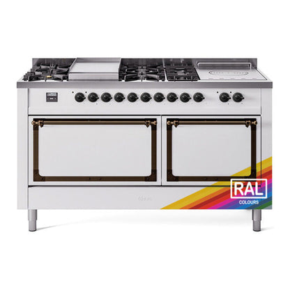 ILVE Nostalgie II 60-Inch Dual Fuel Range with 7 Sealed Burners + Griddle + French Top, 5.8 cu. ft. Oven, RAL with Burnished Trim, Natural Gas, Solid Door, UN60FSQNMPRAB