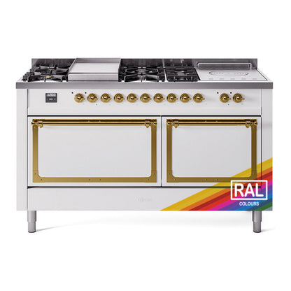 ILVE Nostalgie II 60-Inch Dual Fuel Range with 7 Sealed Burners + Griddle + French Top, 5.8 cu. ft. Oven, RAL with Brass Trim, Liquid Propane, Solid Door, UN60FSQNMPRAGLP