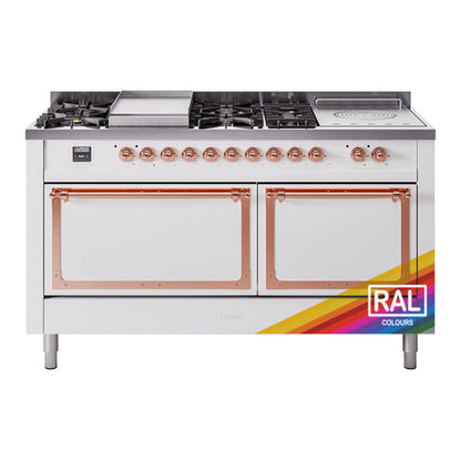 ILVE Nostalgie II 60-Inch Dual Fuel Range with 7 Sealed Burners + Griddle + French Top, 5.8 cu. ft. Oven, RAL with Copper Trim, Liquid Propane, Solid Door, UN60FSQNMPRAPLP
