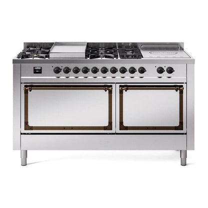 ILVE Nostalgie II 60-Inch Dual Fuel Range with 7 Sealed Burners + Griddle + French Top, 5.8 cu. ft. Oven, Stainless Steel with Burnished Trim, Liquid Propane, Solid Door, UN60FSQNMPSSBLP