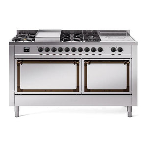 ILVE Nostalgie II 60-Inch Dual Fuel Range with 7 Sealed Burners + Griddle + French Top, 5.8 cu. ft. Oven, Stainless Steel with Burnished Trim, Natural Gas, Solid Door, UN60FSQNMPSSB