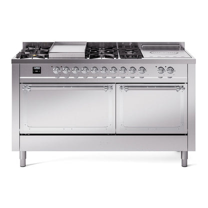 ILVE Nostalgie II 60-Inch Dual Fuel Range with 7 Sealed Burners + Griddle + French Top, 5.8 cu. ft. Oven, Stainless Steel with Chrome Trim, Natural Gas, Solid Door, UN60FSQNMPSSC
