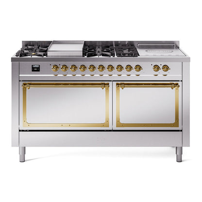 ILVE Nostalgie II 60-Inch Dual Fuel Range with 7 Sealed Burners + Griddle + French Top, 5.8 cu. ft. Oven, Stainless Steel with Brass Trim, Natural Gas, Solid Door, UN60FSQNMPSSG