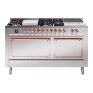 ILVE Nostalgie II 60-Inch Dual Fuel Range with 7 Sealed Burners + Griddle + French Top, 5.8 cu. ft. Oven, Stainless Steel with Copper Trim, Liquid Propane, Solid Door, UN60FSQNMPSSPLP