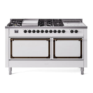 ILVE Nostalgie II 60-Inch Dual Fuel Range with 7 Sealed Burners + Griddle + French Top, 5.8 cu. ft. Oven, White with Burnished Trim, Natural Gas, Solid Door, UN60FSQNMPWHB