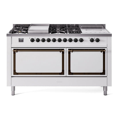 ILVE Nostalgie II 60-Inch Dual Fuel Range with 7 Sealed Burners + Griddle + French Top, 5.8 cu. ft. Oven, White with Burnished Trim, Natural Gas, Solid Door, UN60FSQNMPWHB
