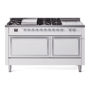ILVE Nostalgie II 60-Inch Dual Fuel Range with 7 Sealed Burners + Griddle + French Top, 5.8 cu. ft. Oven, White with Chrome Trim, Liquid Propane, Solid Door, UN60FSQNMPWHCLP