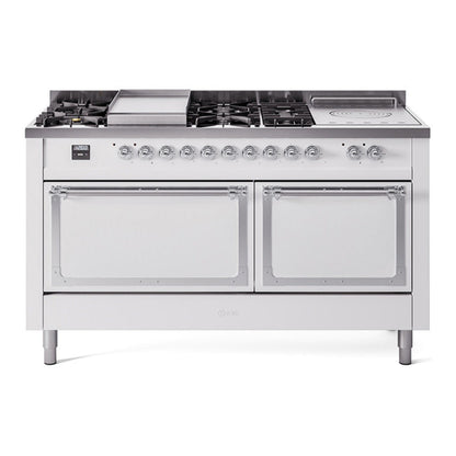 ILVE Nostalgie II 60-Inch Dual Fuel Range with 7 Sealed Burners + Griddle + French Top, 5.8 cu. ft. Oven, White with Chrome Trim, Liquid Propane, Solid Door, UN60FSQNMPWHCLP