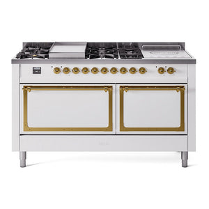 ILVE Nostalgie II 60-Inch Dual Fuel Range with 7 Sealed Burners + Griddle + French Top, 5.8 cu. ft. Oven, White with Brass Trim, Liquid Propane, Solid Door, UN60FSQNMPWHGLP