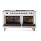 ILVE Nostalgie II 60-Inch Dual Fuel Range with 7 Sealed Burners + Griddle + French Top, 5.8 cu. ft. Oven, White with Brass Trim, Liquid Propane, Solid Door, UN60FSQNMPWHGLP