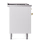 ILVE Nostalgie II 60-Inch Dual Fuel Range with 7 Sealed Burners + Griddle + French Top, 5.8 cu. ft. Oven, White with Brass Trim, Liquid Propane, Solid Door, UN60FSQNMPWHGLP