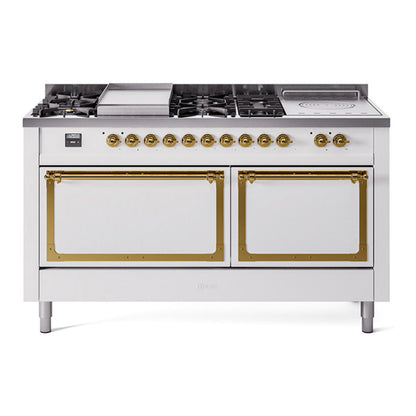 ILVE Nostalgie II 60-Inch Dual Fuel Range with 7 Sealed Burners + Griddle + French Top, 5.8 cu. ft. Oven, White with Brass Trim, Natural Gas, Solid Door, UN60FSQNMPWHG