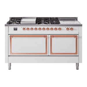 ILVE Nostalgie II 60-Inch Dual Fuel Range with 7 Sealed Burners + Griddle + French Top, 5.8 cu. ft. Oven, White with Copper Trim, Liquid Propane, Solid Door, UN60FSQNMPWHPLP