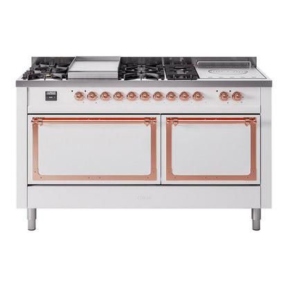 ILVE Nostalgie II 60-Inch Dual Fuel Range with 7 Sealed Burners + Griddle + French Top, 5.8 cu. ft. Oven, White with Copper Trim, Natural Gas, Solid Door, UN60FSQNMPWHP