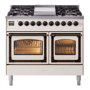 ILVE Nostalgie II 40-Inch Dual Fuel Range with 6 Sealed Burners + Griddle, 4.3 cu. ft. Oven, Antique White with Burnished Trim, Natural Gas, Triple Glass Door, UND40FNMPAWB