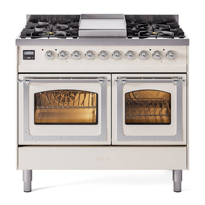 ILVE Nostalgie II 40-Inch Dual Fuel Range with 6 Sealed Burners + Griddle, 4.3 cu. ft. Oven, Antique White with Chrome Trim, Natural Gas, Triple Glass Door, UND40FNMPAWC
