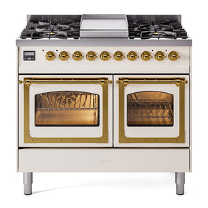 ILVE Nostalgie II 40-Inch Dual Fuel Range with 6 Sealed Burners + Griddle, 4.3 cu. ft. Oven, Antique White with Brass Trim, Liquid Propane, Triple Glass Door, UND40FNMPAWGLP