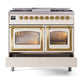 ILVE Nostalgie II 40-Inch Dual Fuel Range with 6 Sealed Burners + Griddle, 4.3 cu. ft. Oven, Antique White with Brass Trim, Natural Gas, Triple Glass Door, UND40FNMPAWG