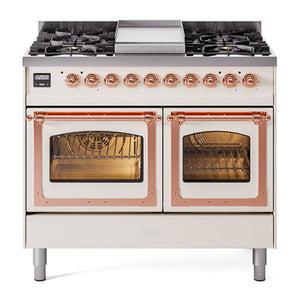 ILVE Nostalgie II 40-Inch Dual Fuel Range with 6 Sealed Burners + Griddle, 4.3 cu. ft. Oven, Antique White with Copper Trim, Natural Gas, Triple Glass Door, UND40FNMPAWP